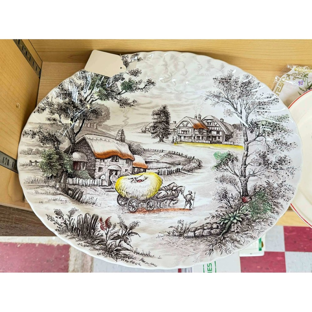 Vintage Yorkshire Ironstone Oval Platter English Countryside Scene Staffordshire